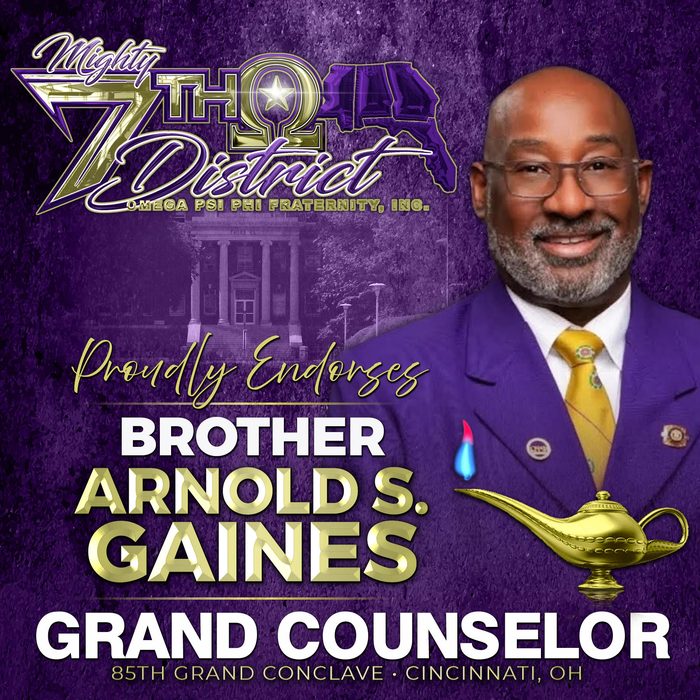 The Mighty Seventh District proudly endorses Bro. Arnold S. Gaines for Grand Counselor at the 85th Grand Conclave, Cincinnati Ohio.